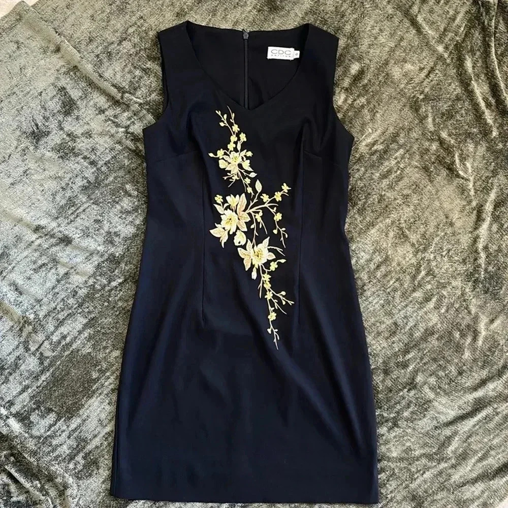 Vintage 90s CDC PETITES gold |cream embroidery black minidress size 6